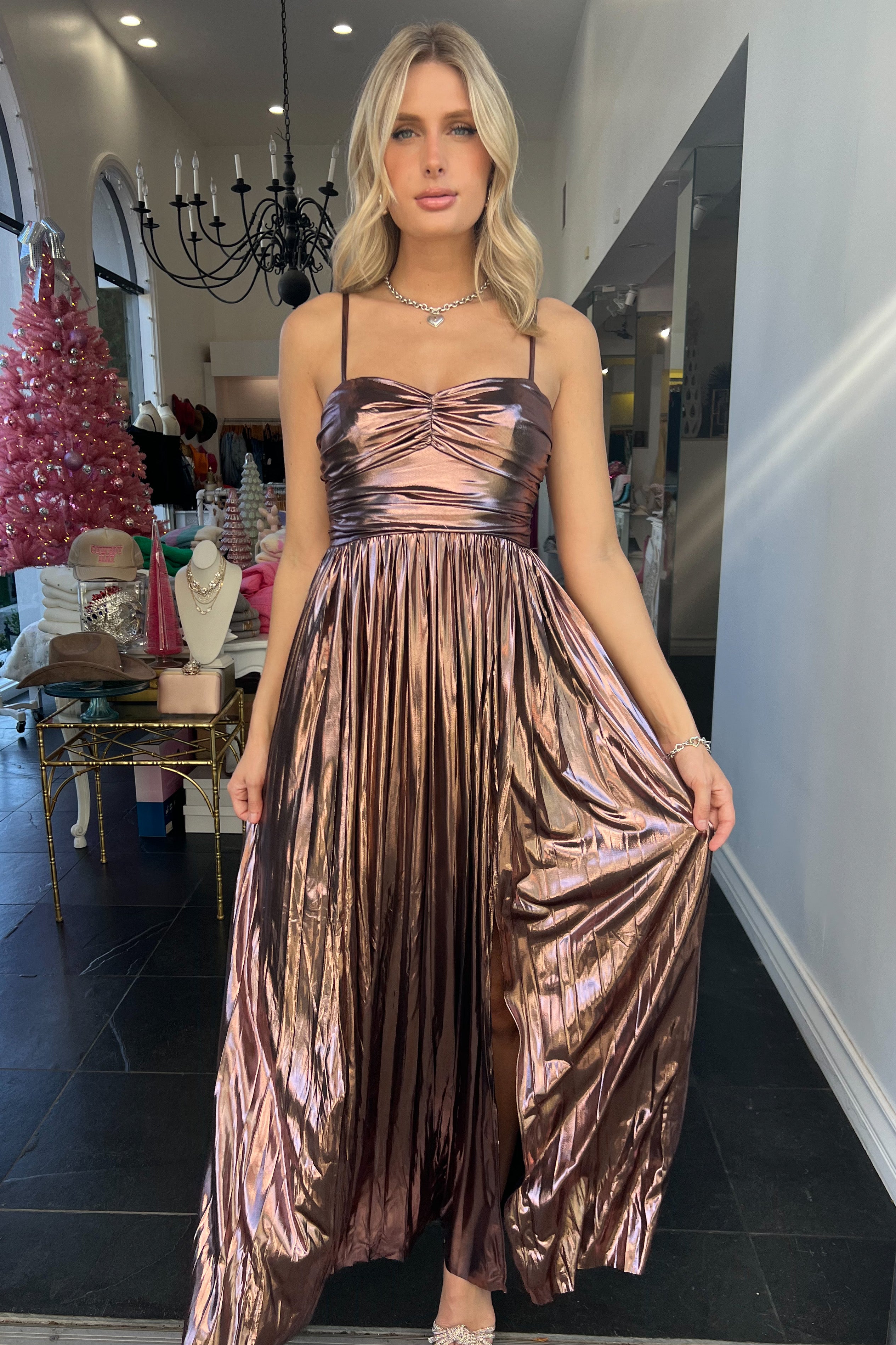 Putting On The Ritz Maxi Dress-Metallic Pink