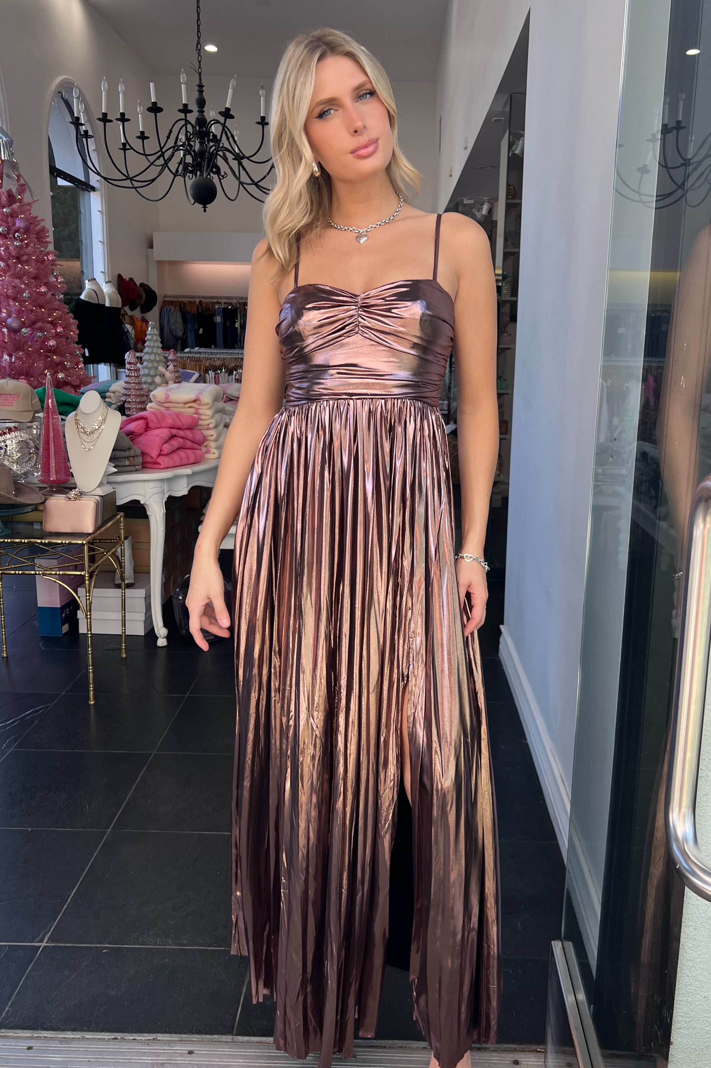 Putting On The Ritz Maxi Dress-Metallic Pink