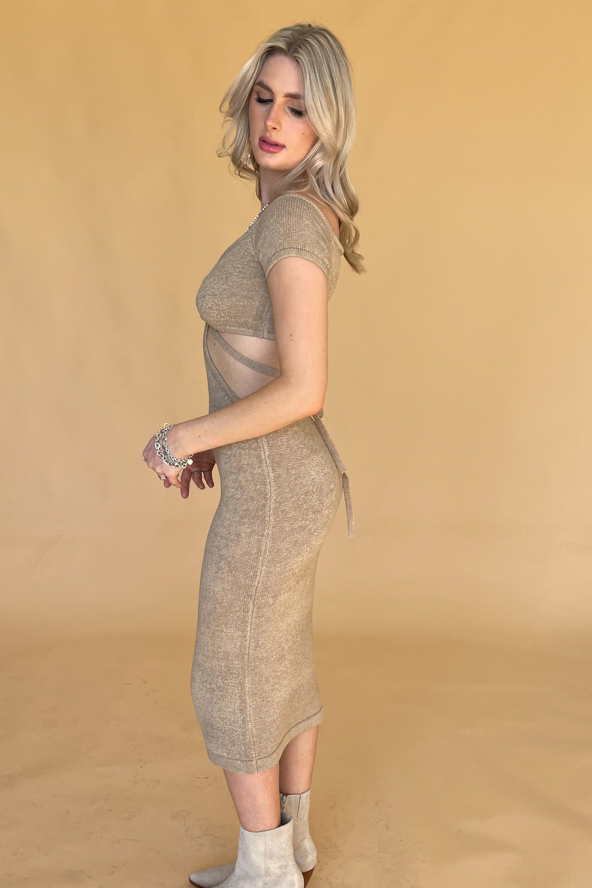 Dancing in Tulum Midi Dress-Taupe