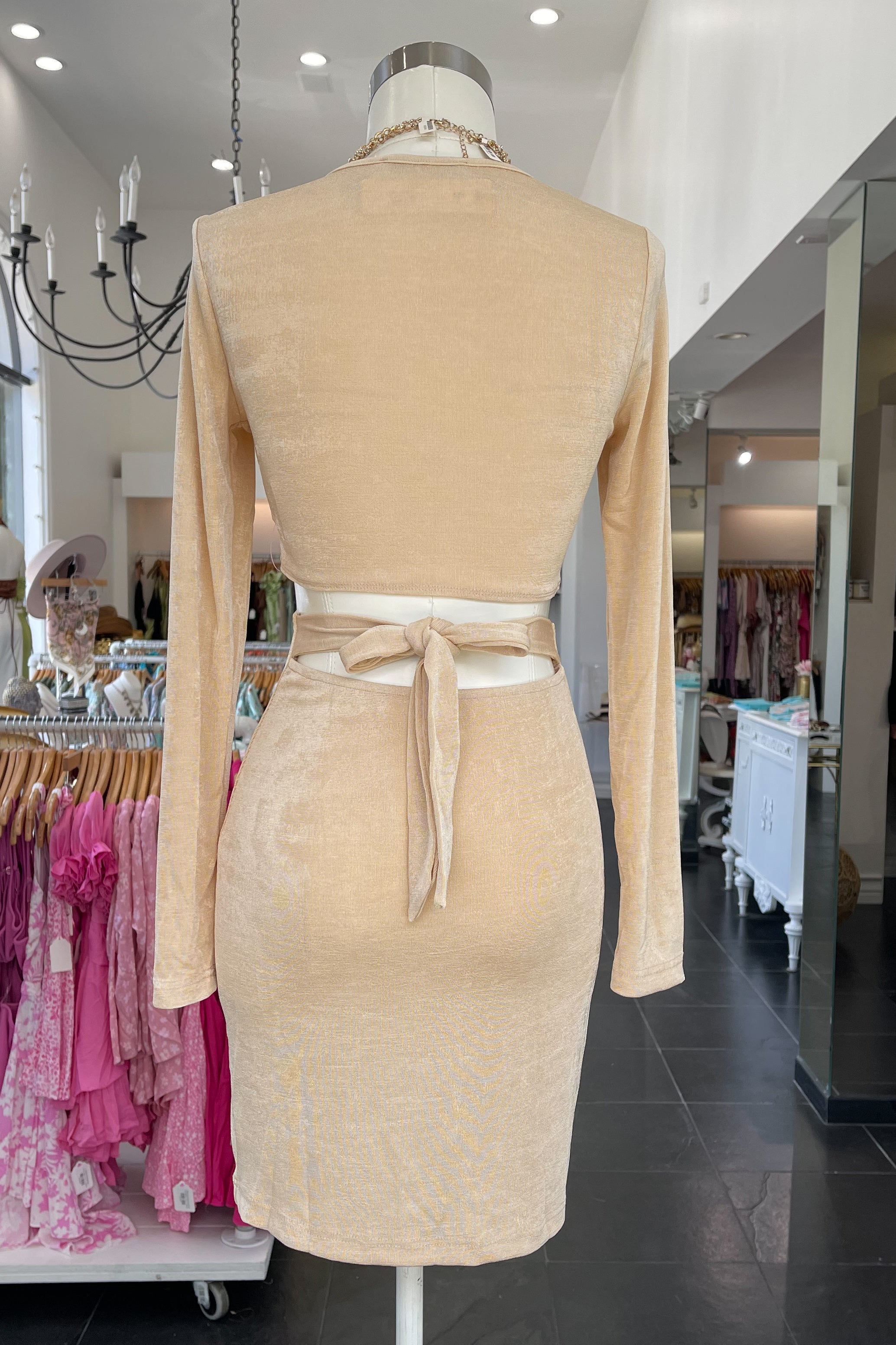 Lush Life Long Sleeve Dress-Sand