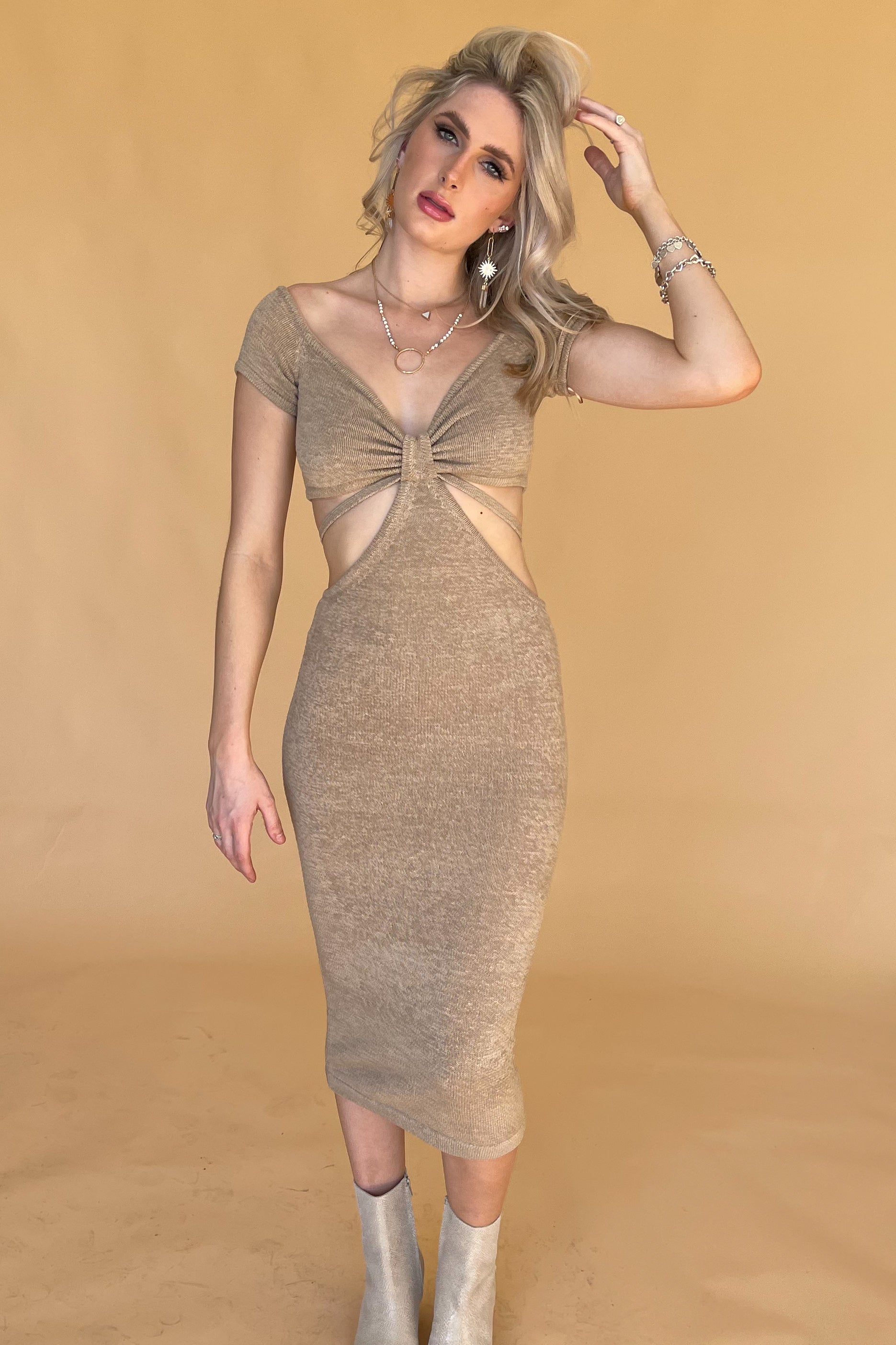 Dancing in Tulum Midi Dress-Taupe