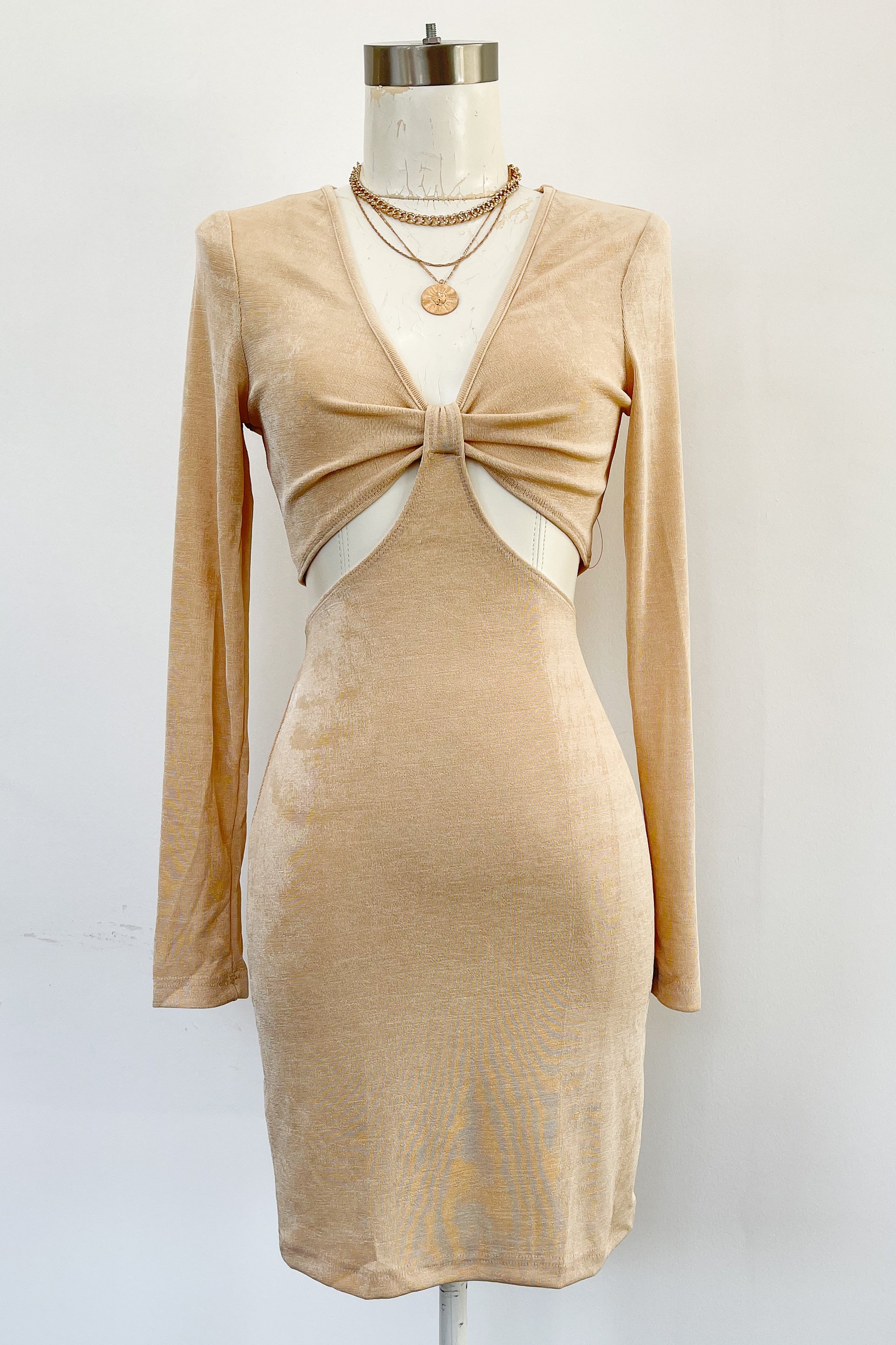 Lush Life Long Sleeve Dress-Sand