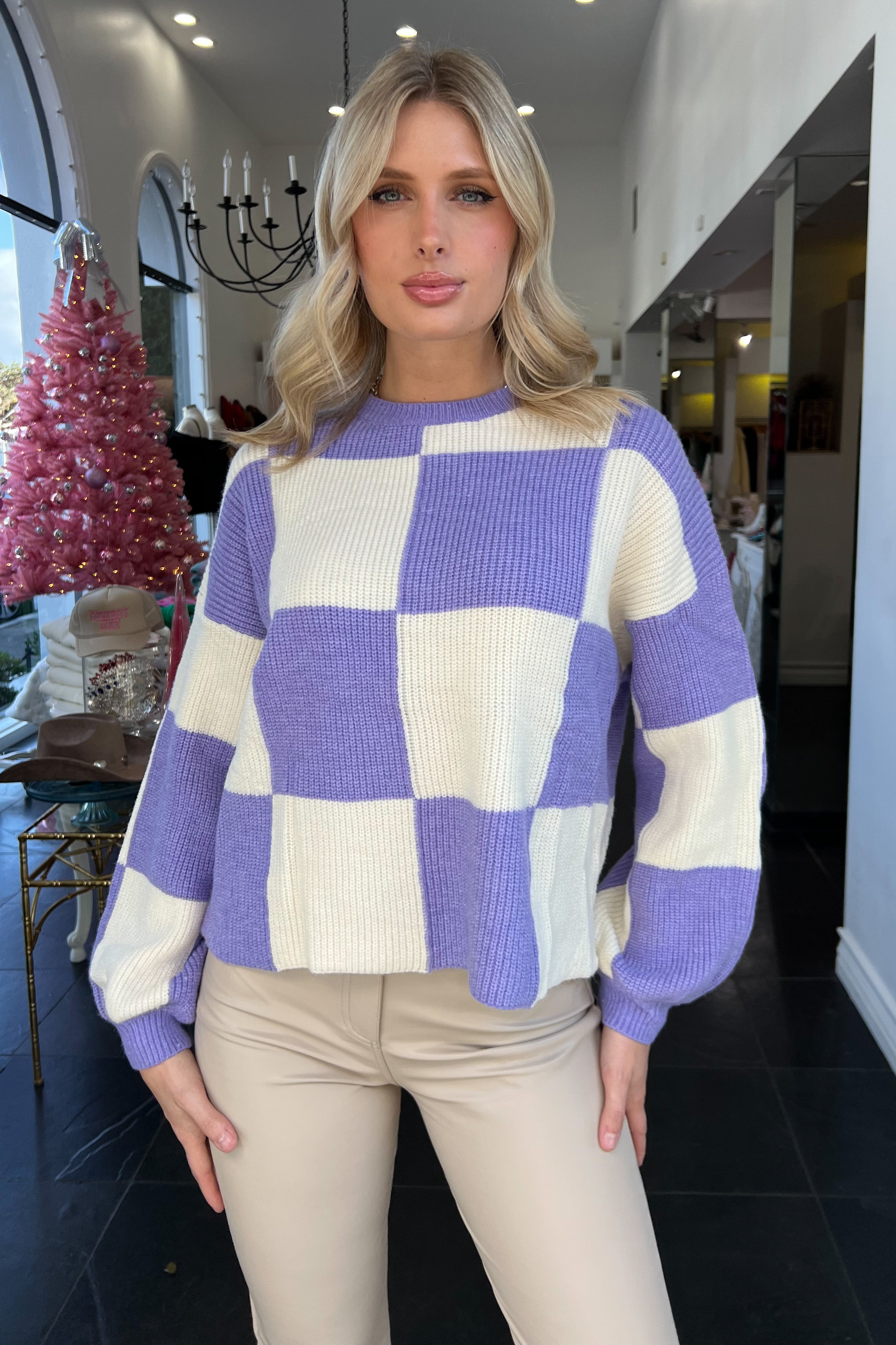 Square Up Sweater-Lavender/Cream