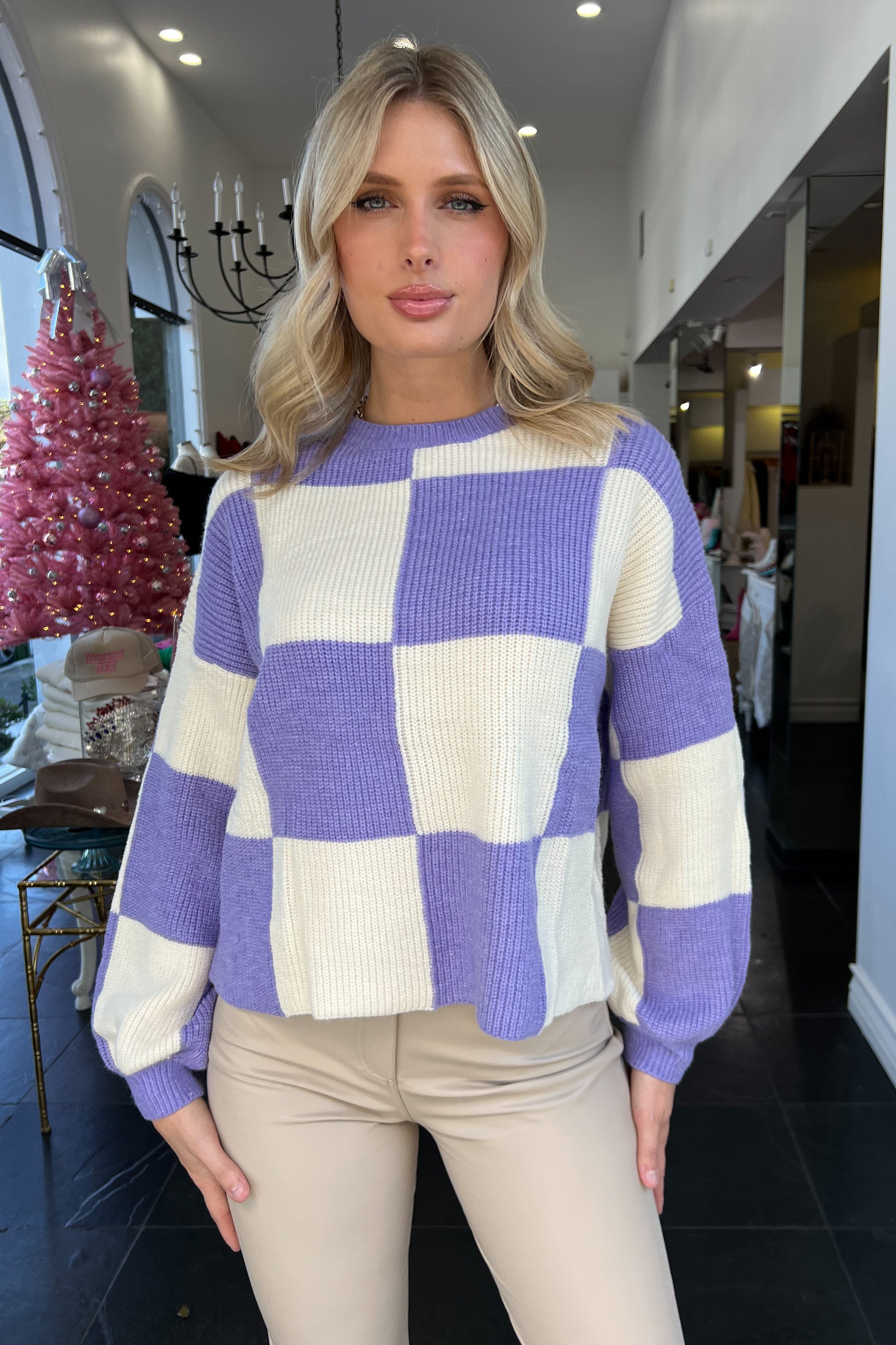 Square Up Sweater-Lavender/Cream
