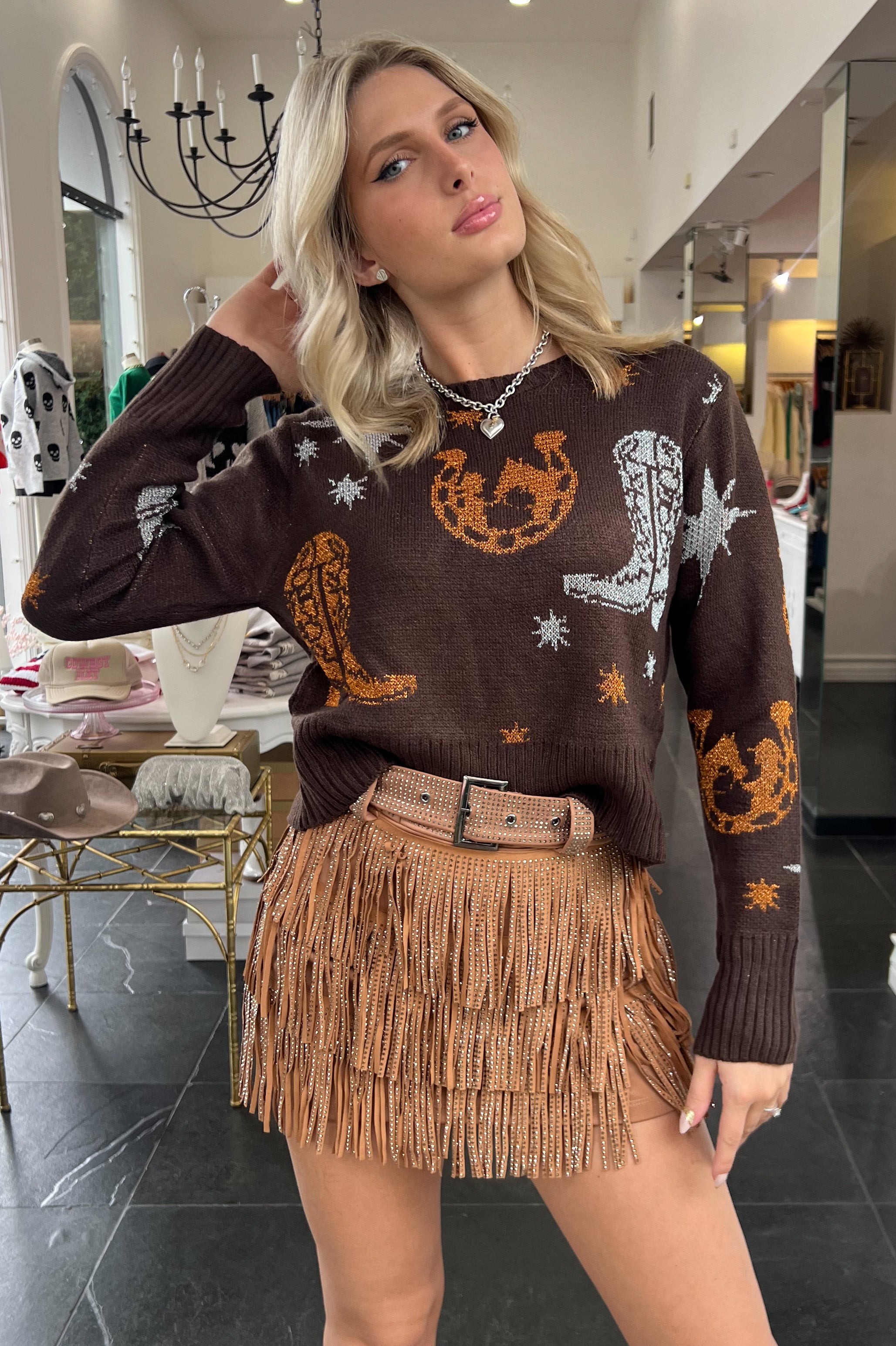 Horseshoes + Cowboy Boots Sweater-Brown