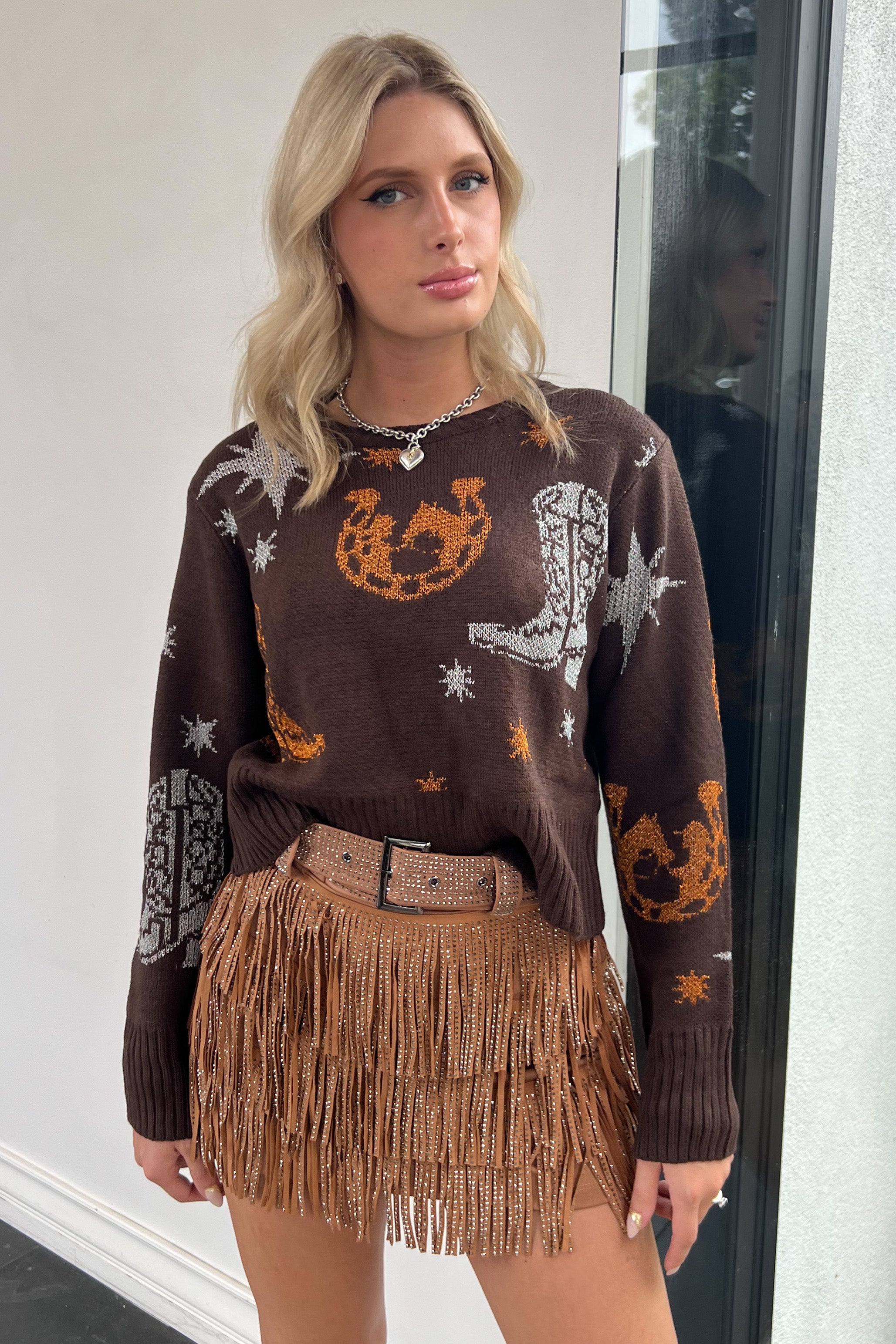 Horseshoes + Cowboy Boots Sweater-Brown