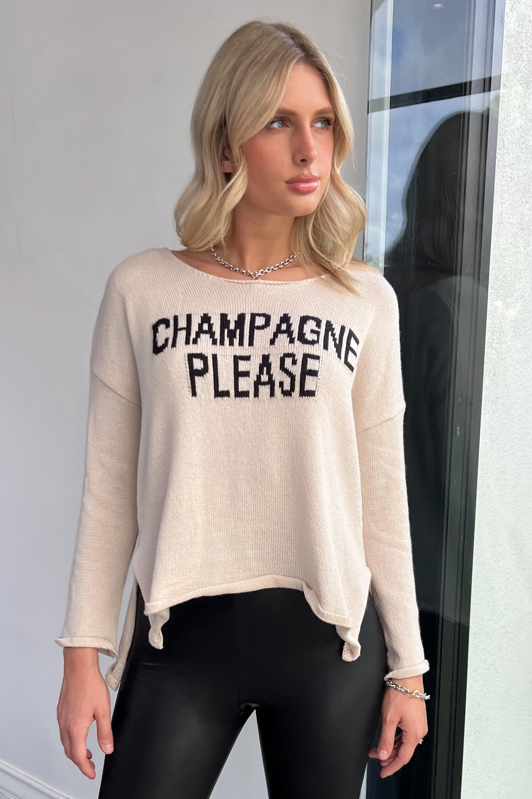 Champagne Please Sweater-Beige + Black