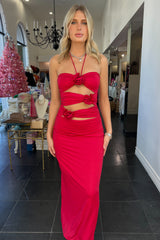 Cut Roses Maxi Dress-Red