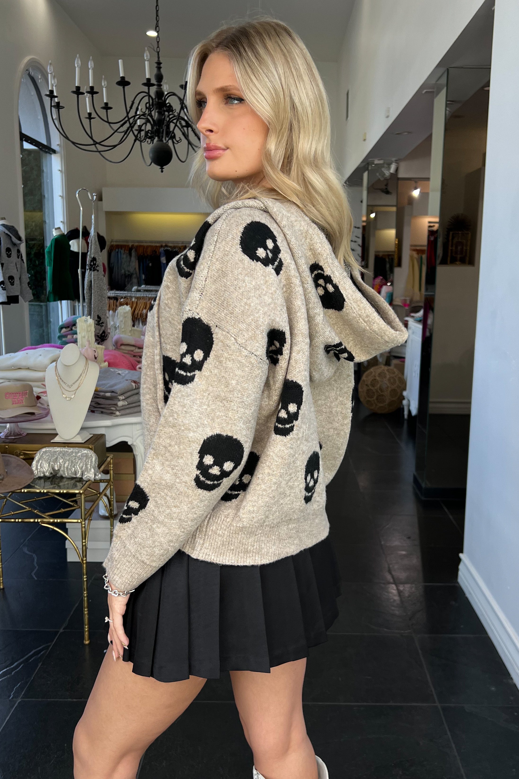 Skull Sweater-Taupe + Black