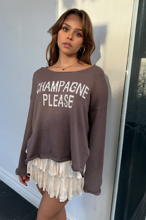 Champagne Please Sweater-Charcoal + White