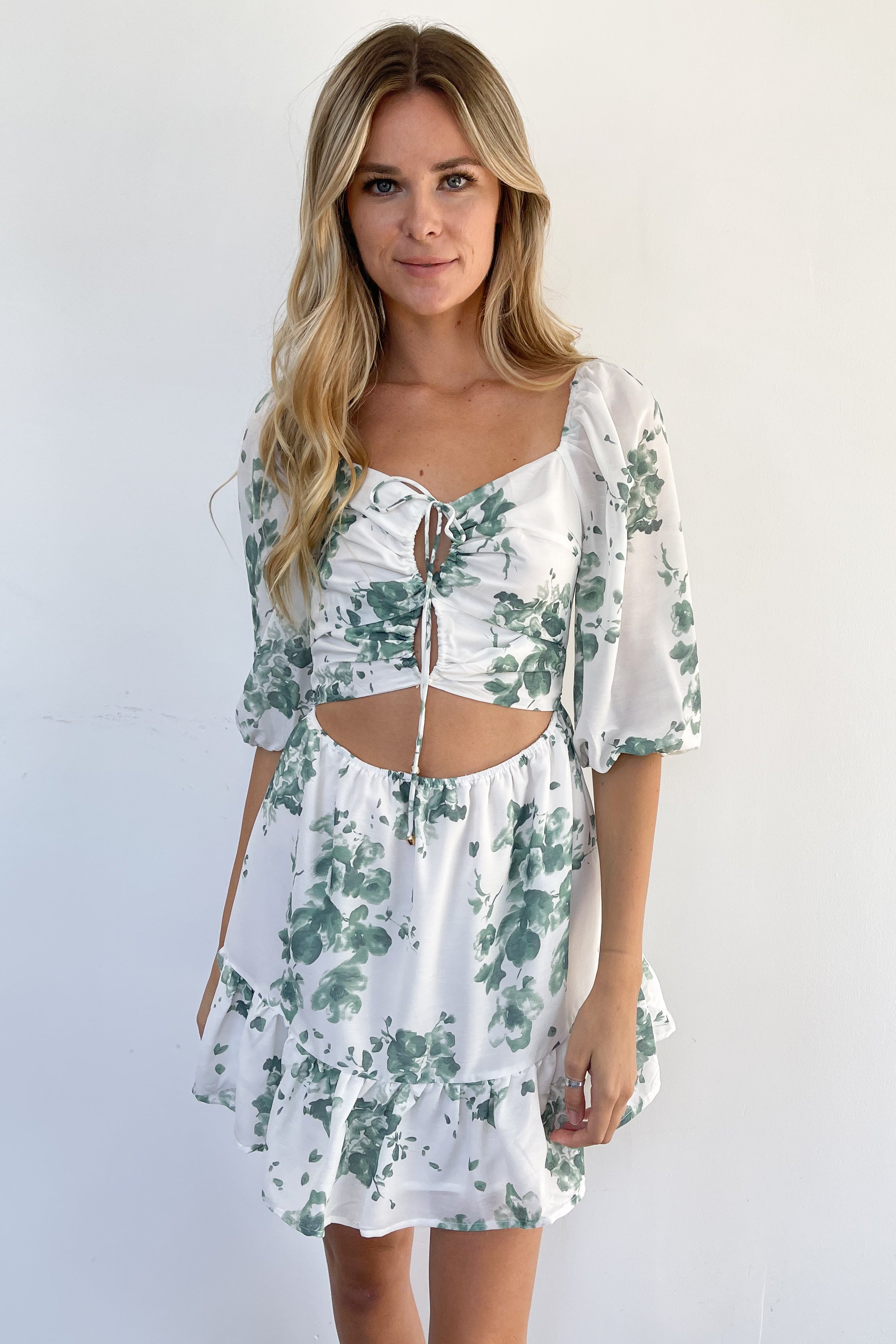 Adeline Dress-White + Green